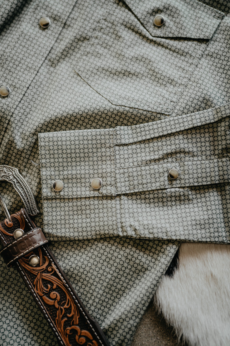 'Gavin' Men's Wrangler 20X Green/Grey Geometric Pearl Snap Shirt (S-XXL)