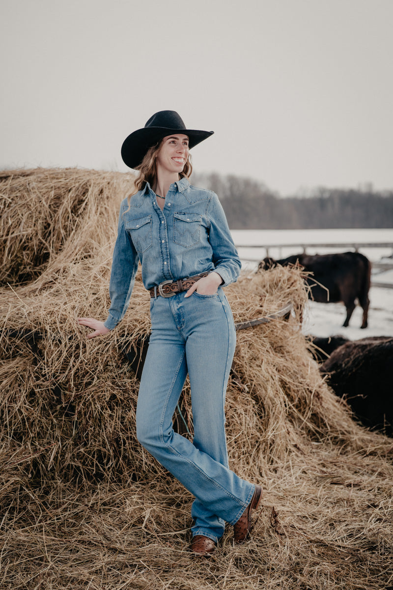 'Harley' Wrangler Women's Vintage Fit Denim Pearl Snap Shirt (XS - XXL)