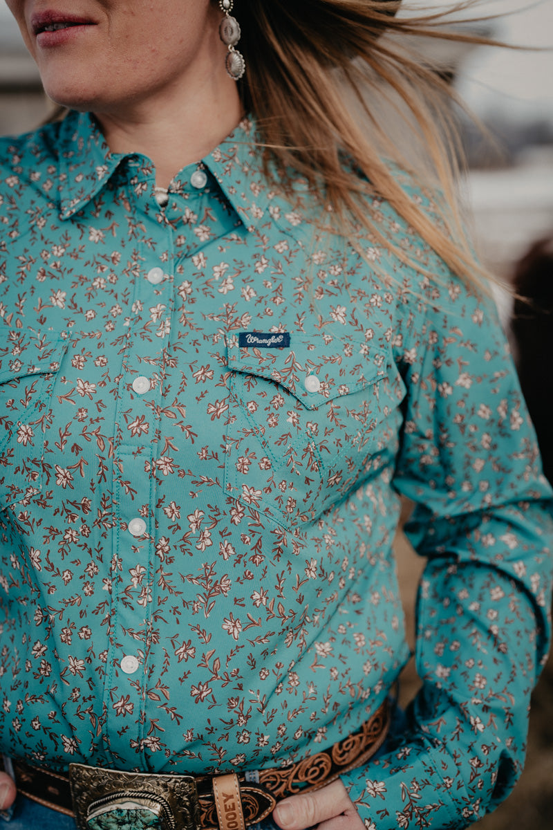 'Flora' Women's Wrangler Teal Floral Performance Button Up (XS - XXL)