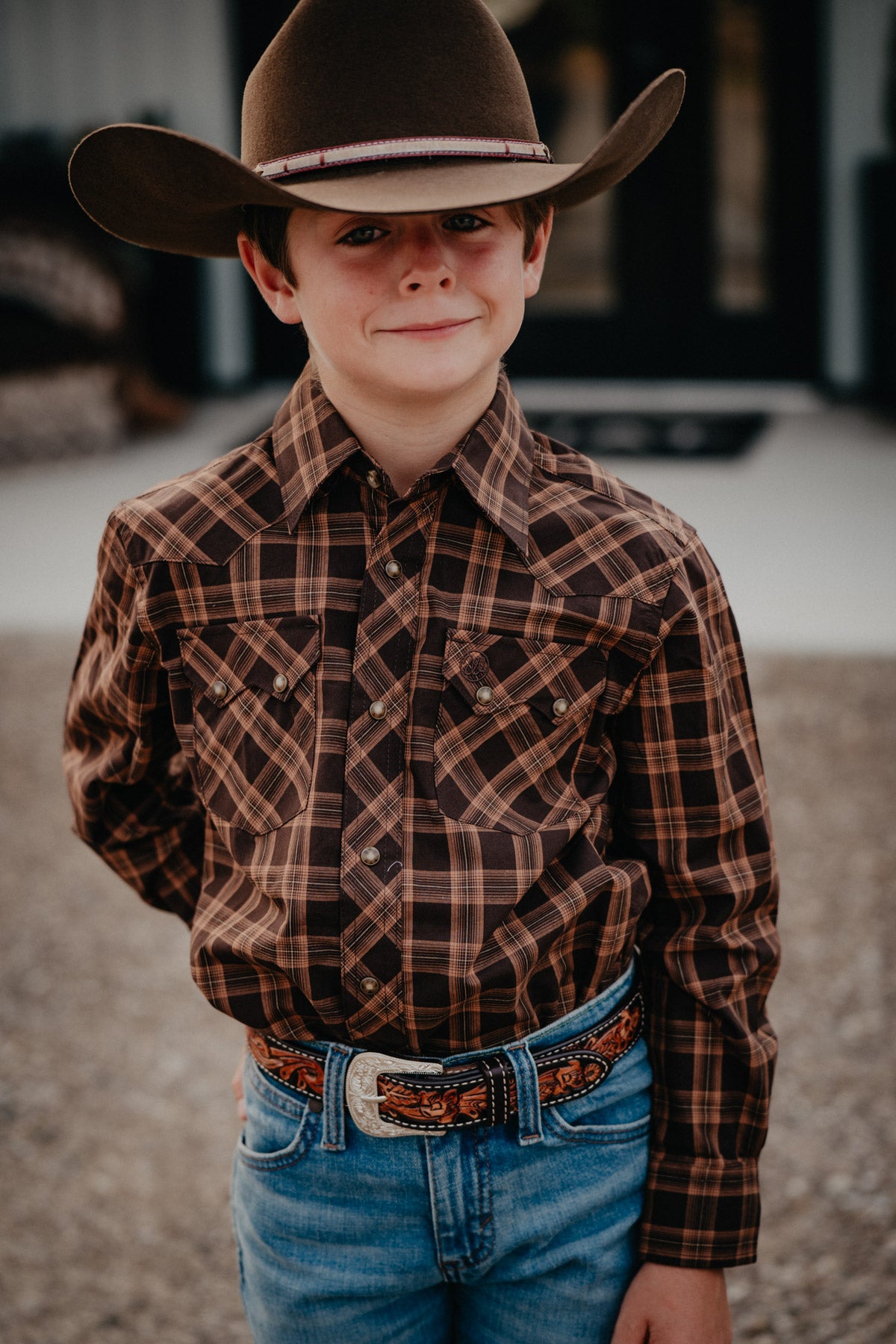 'Brody' Boys Brown/Caramel Plaid Wrangler Retro Pearl Snap Shirt (XXS-XL)
