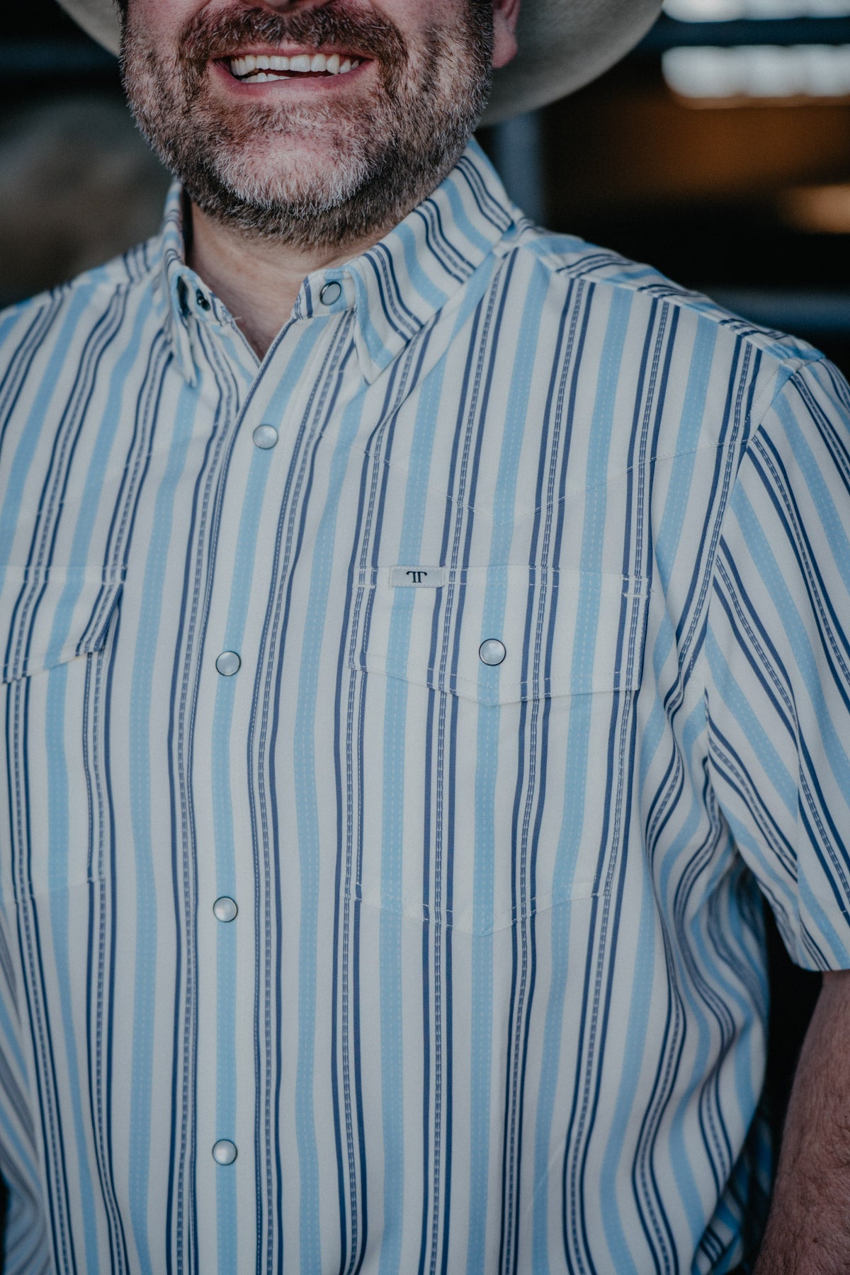 'Jake' Blue Striped Men's Short Sleeve Pearl Snap by Ferrell (S-XXL)