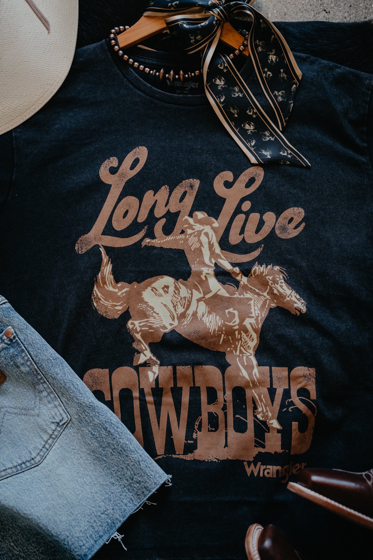 'Long Live Cowboys' Women's Wrangler Oversized Black Graphic T-Shirt (XS-XXL)