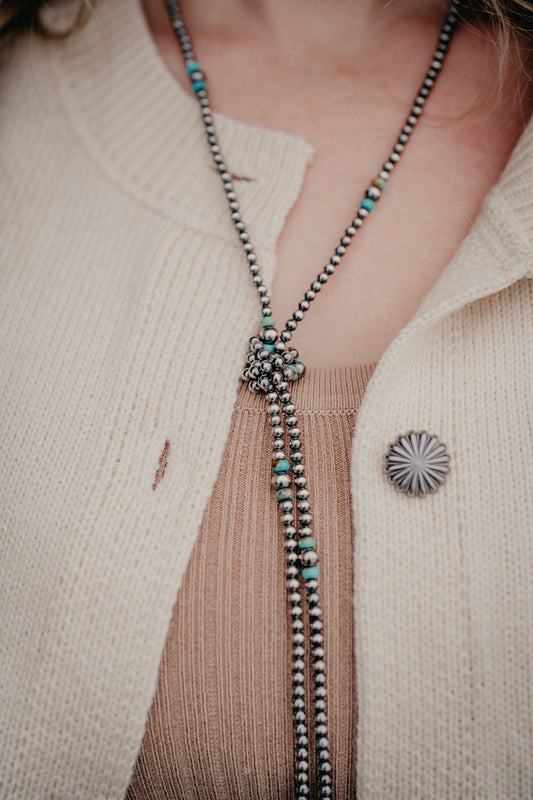 Sterling Silver Navajo Pearl Lariat Necklace with Turquoise Stones