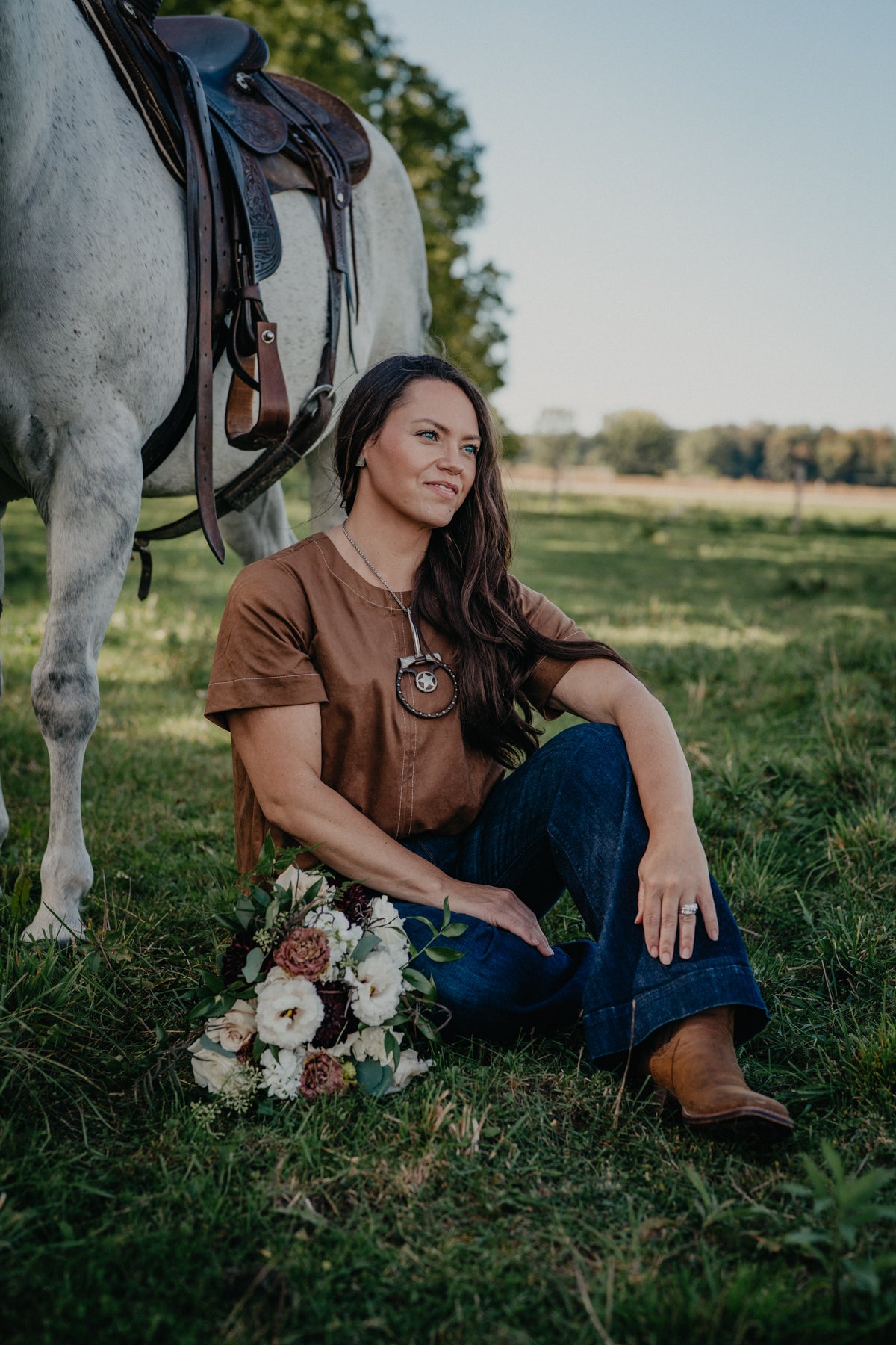 'Aviah' Round Neck A-Line Brown Short Sleeve Blouse