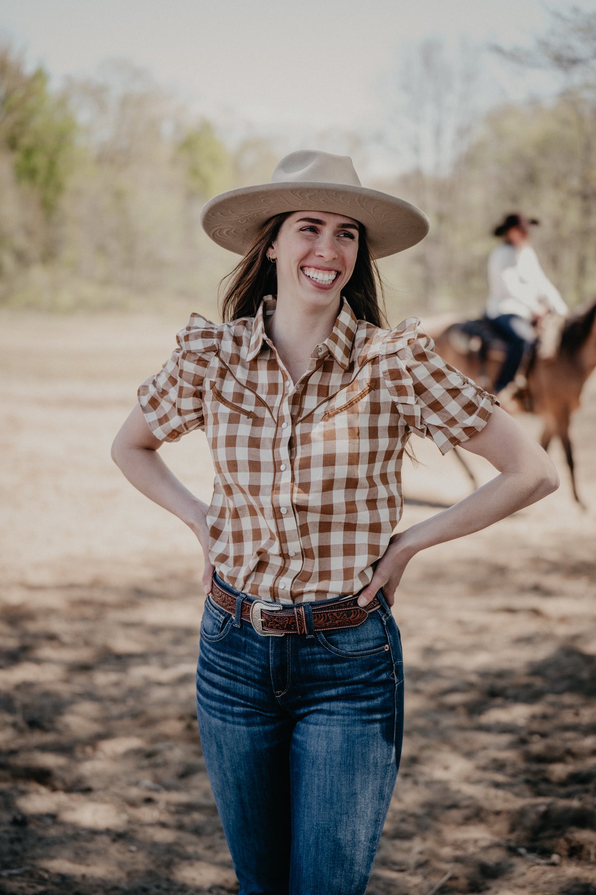 'Carissa' Camel Gingham Pearl Snap Short Sleeve Blouse (S-XL)