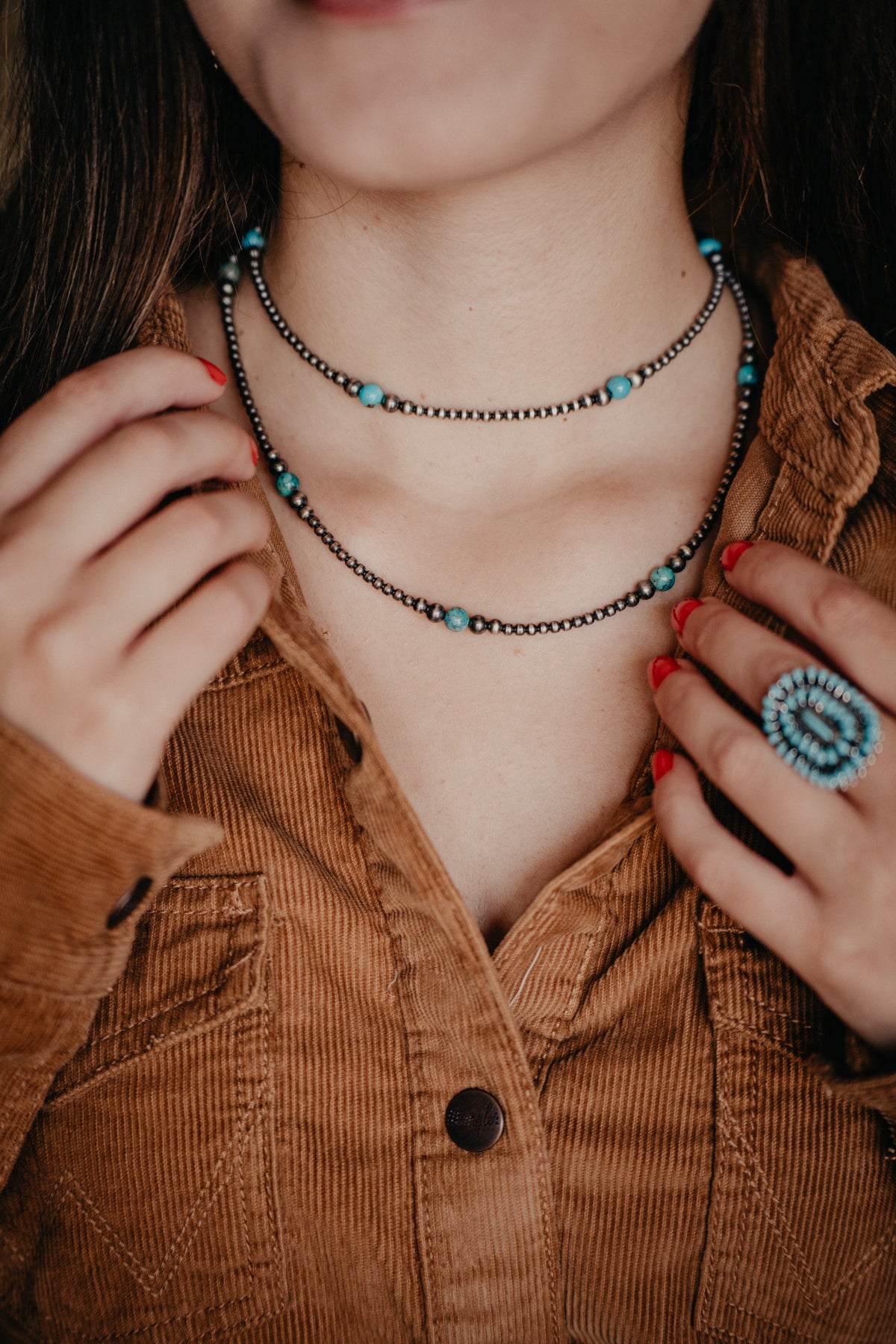 Graduated Navajo Pearl Necklace with Blue Turquoise Accents (Various Lengths)