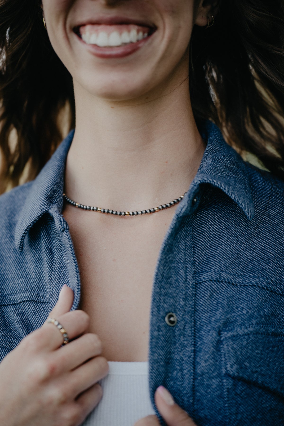 4mm Navajo Pearl Necklace with Gold Beaded Accents (16")