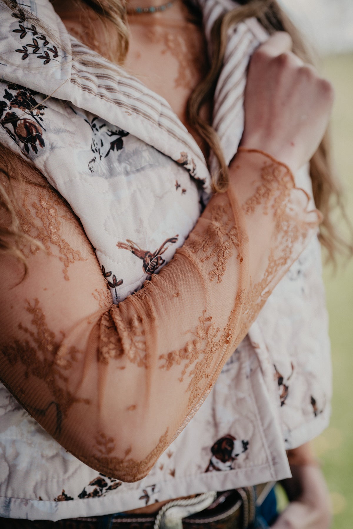 'Bonnie' Camel Brown Floral Lace Long Sleeve Top (S-L)
