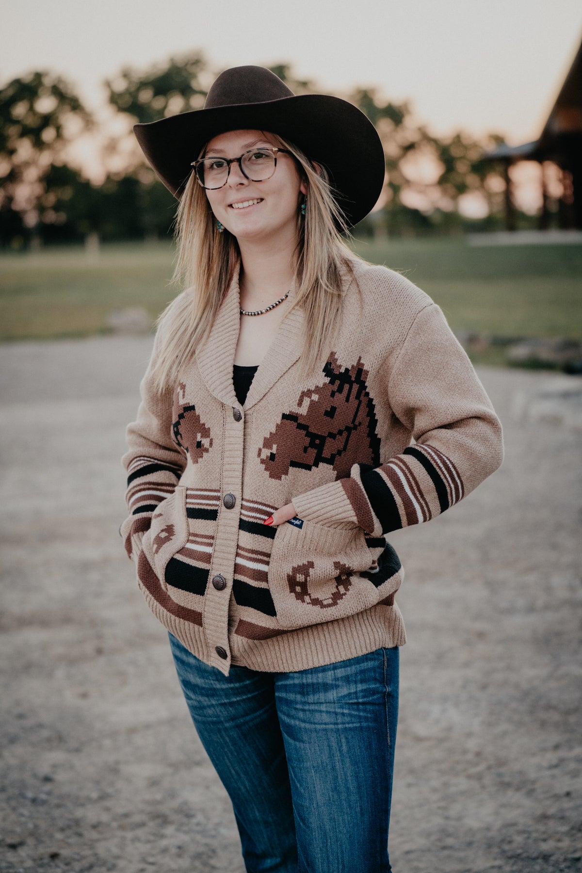 'Winnie' Women's Wrangler Tan Horse Cardigan (S-XXL)