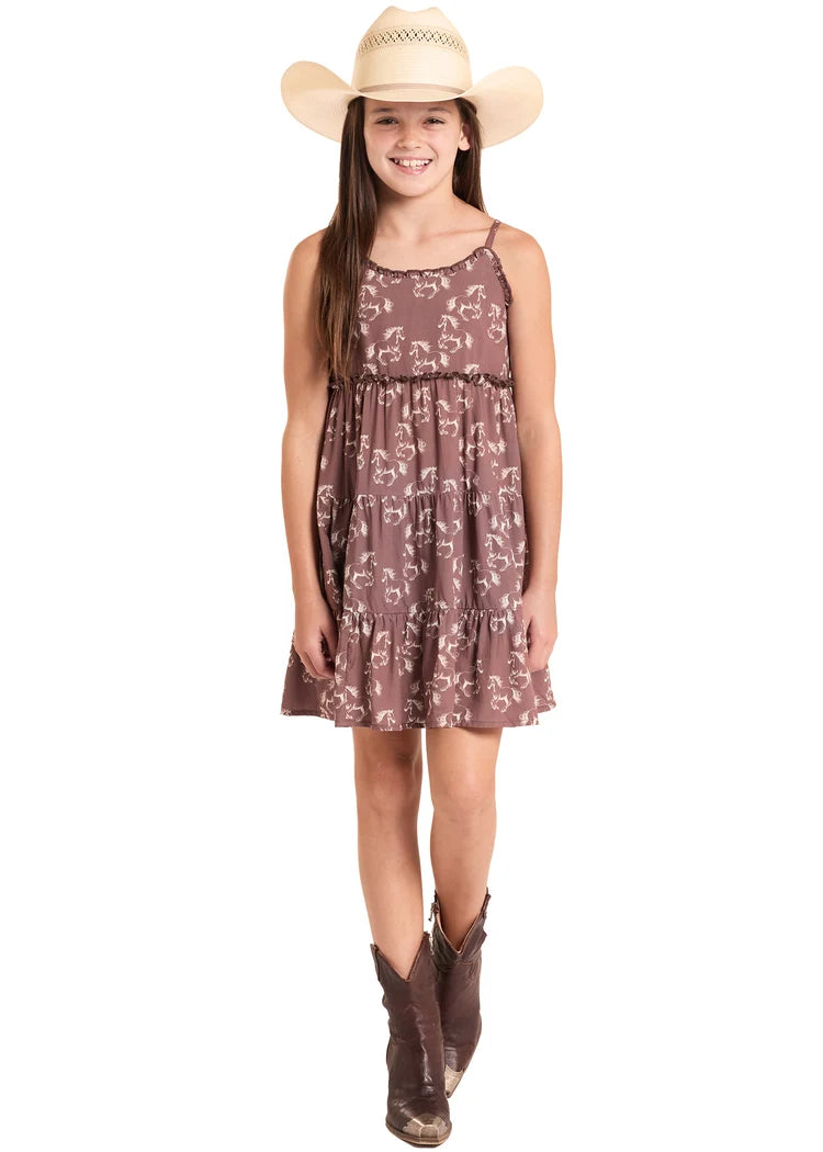 'Jolene Jr' Girl's Chocolate Brown Horse Print Tiered Dress by Rock & Roll Denim