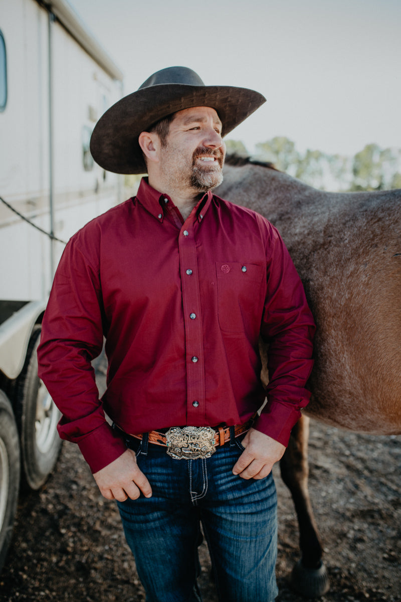 'James' Men's Wrangler Solid Burgandy George Strait Button Down Shirt (S-XXL)