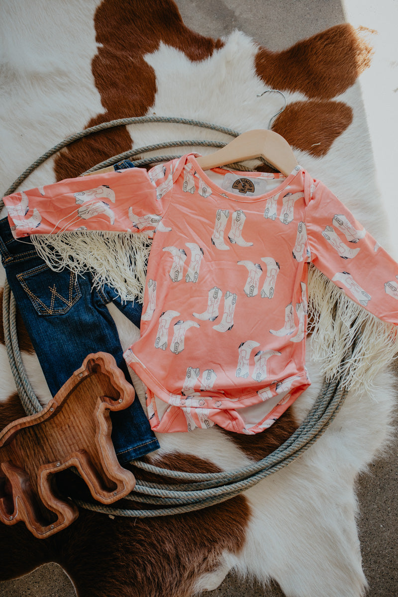'Flora' Girls Long Sleeve Cowgirl Boot Onesie/Shirt (3-6M to 5T)
