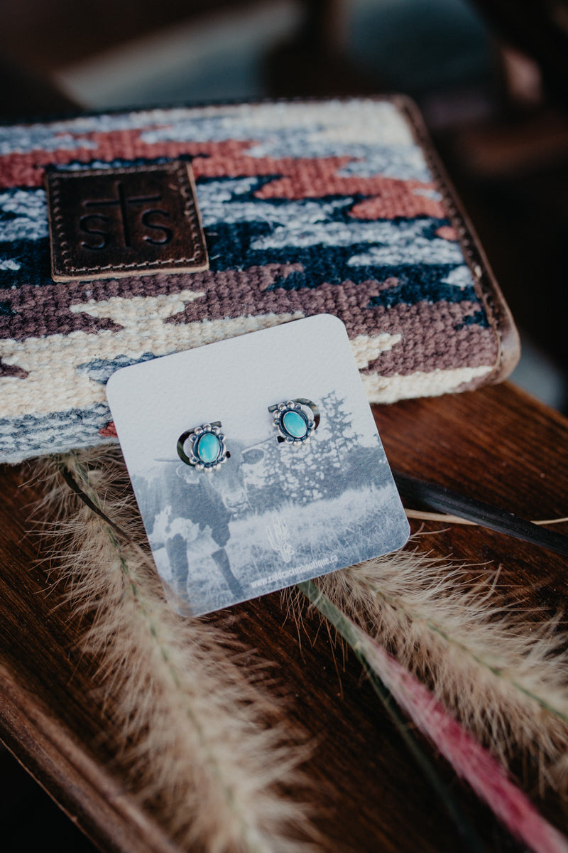 Oval Turquoise Earring with Beaded Silver Border