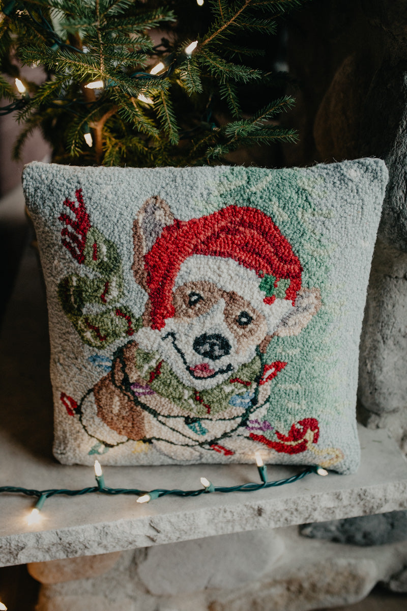 Christmas Corgi 16" Rug Hooked Pillow