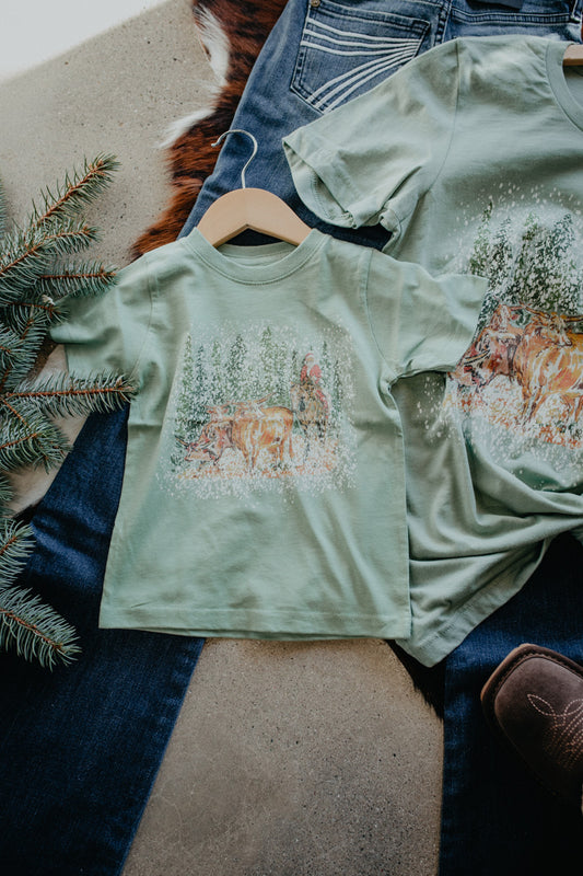 'Santa Herding Longhorns' Kid's Sage T-Shirt (2T- Youth L)