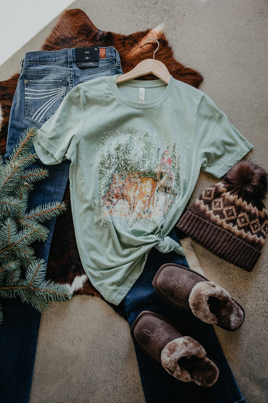 'Santa Herding Longhorns' ADULT Sage T-Shirt (S-XXL)
