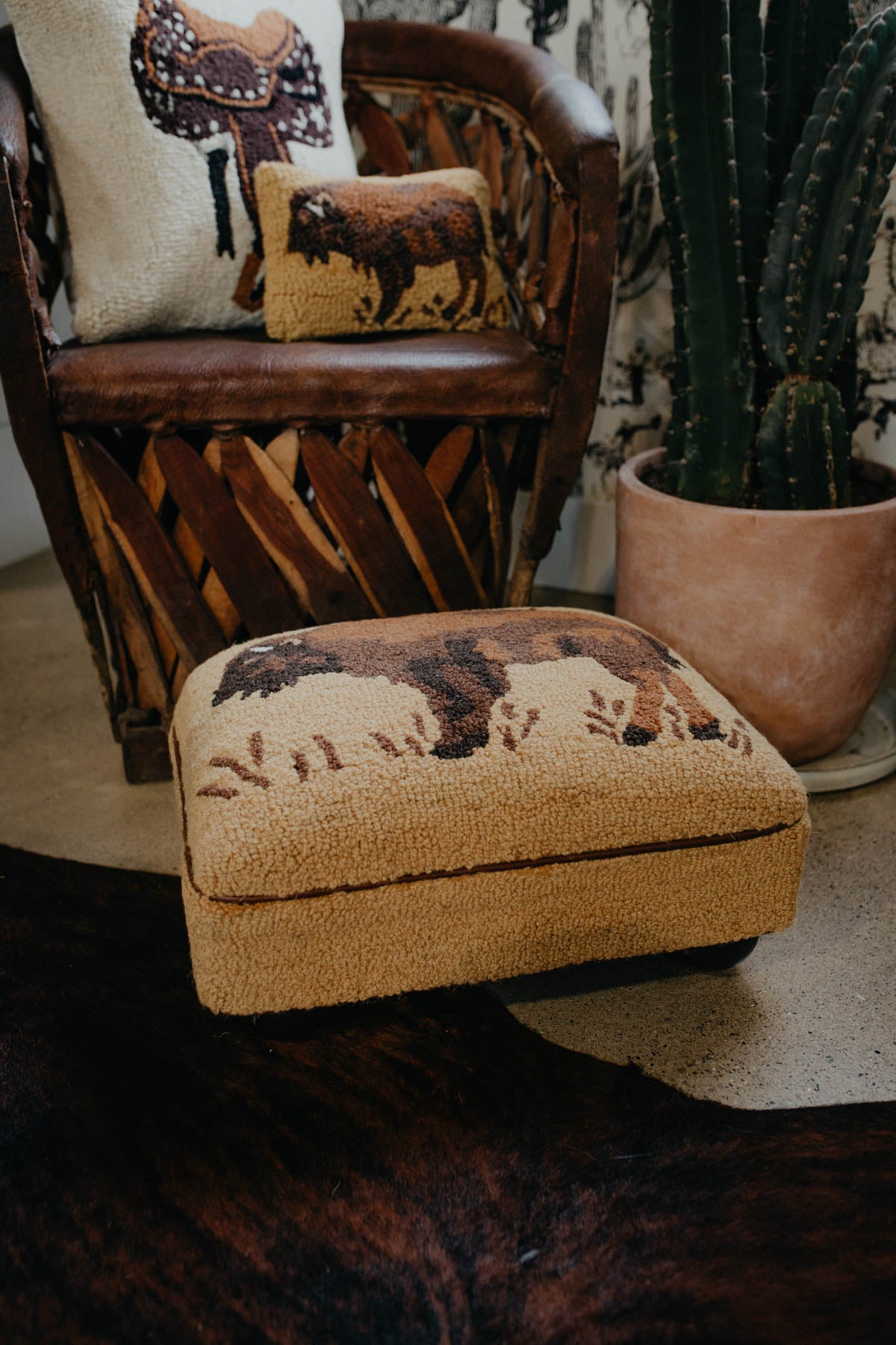 Decorative Rug Hooked Buffalo Foot Stool (18X14")