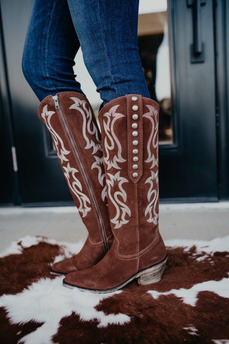 'Mia' Chocolate Suede Tall Studded Boot (Regular & Wide Calf)