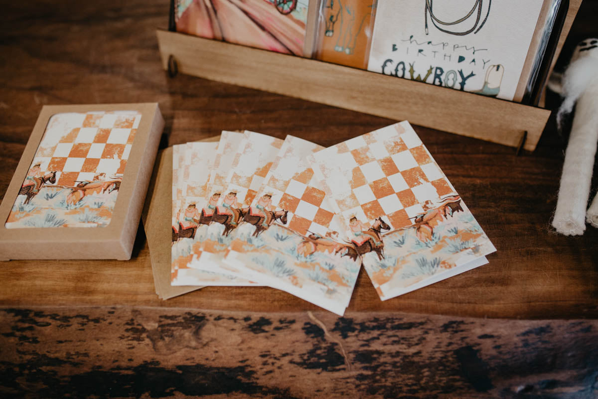 Mini Western Longhorn & Checkered Greeting Card Set (6 Pack)