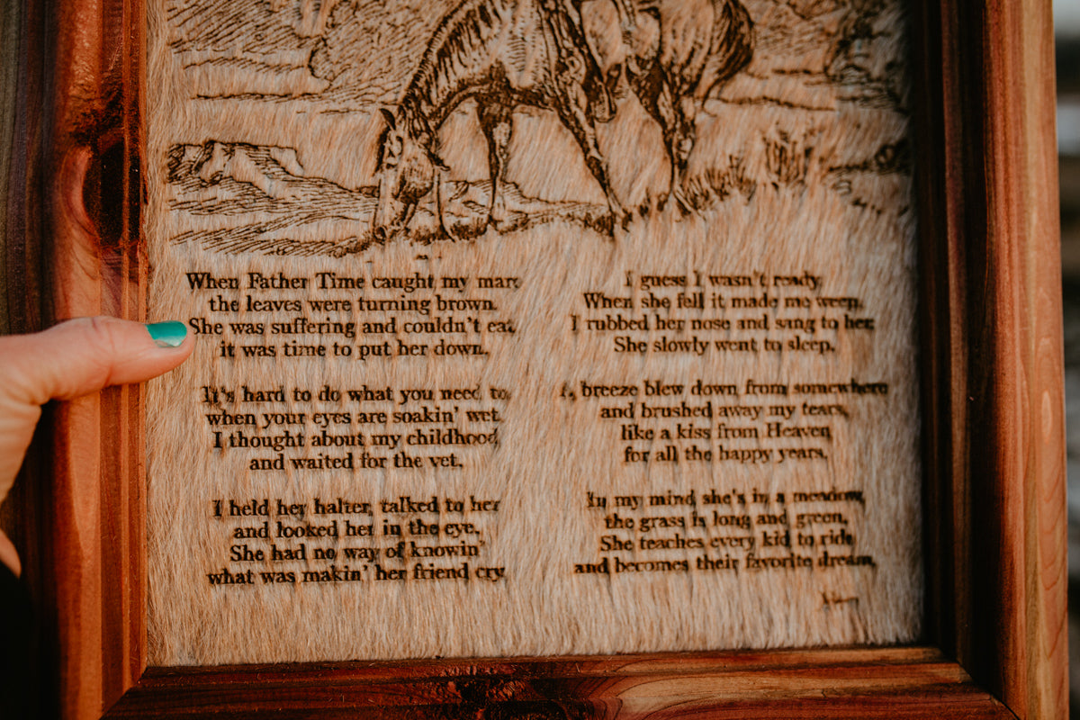 "Now Angels Ride Him/Her" Cowhide Poem with Custom Cedar Frame (10X12)