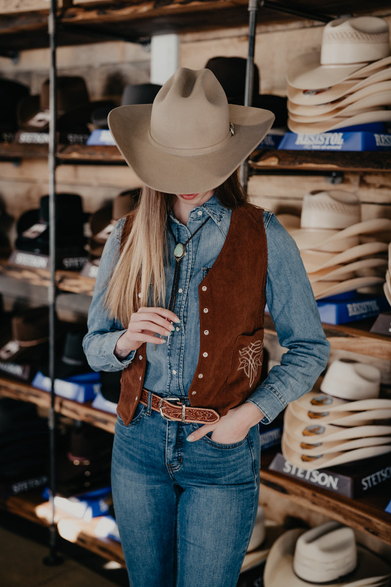 'Maren' Brown Cord Pearl Snap Vest with Bootstitch Detail (S-XL)
