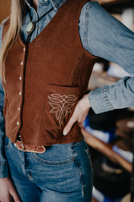 'Maren' Brown Cord Pearl Snap Vest with Bootstitch Detail (S-XL)