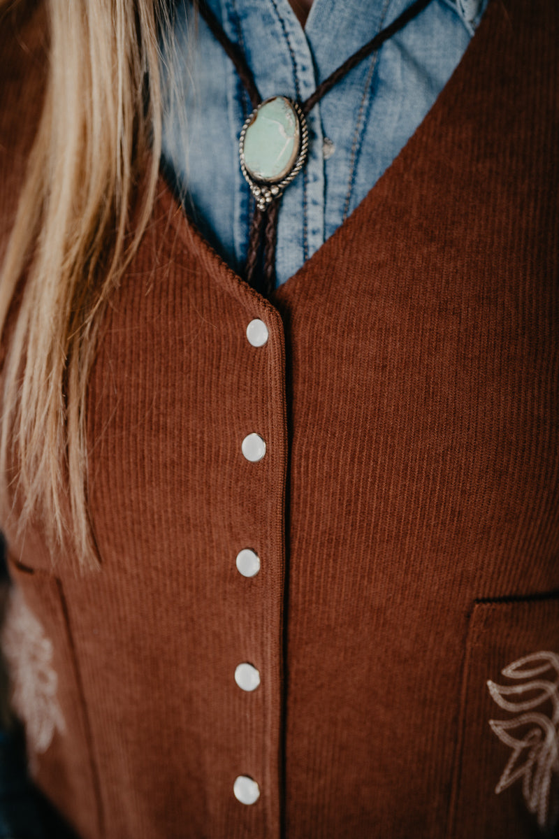 'Maren' Brown Cord Pearl Snap Vest with Bootstitch Detail (S-XL)