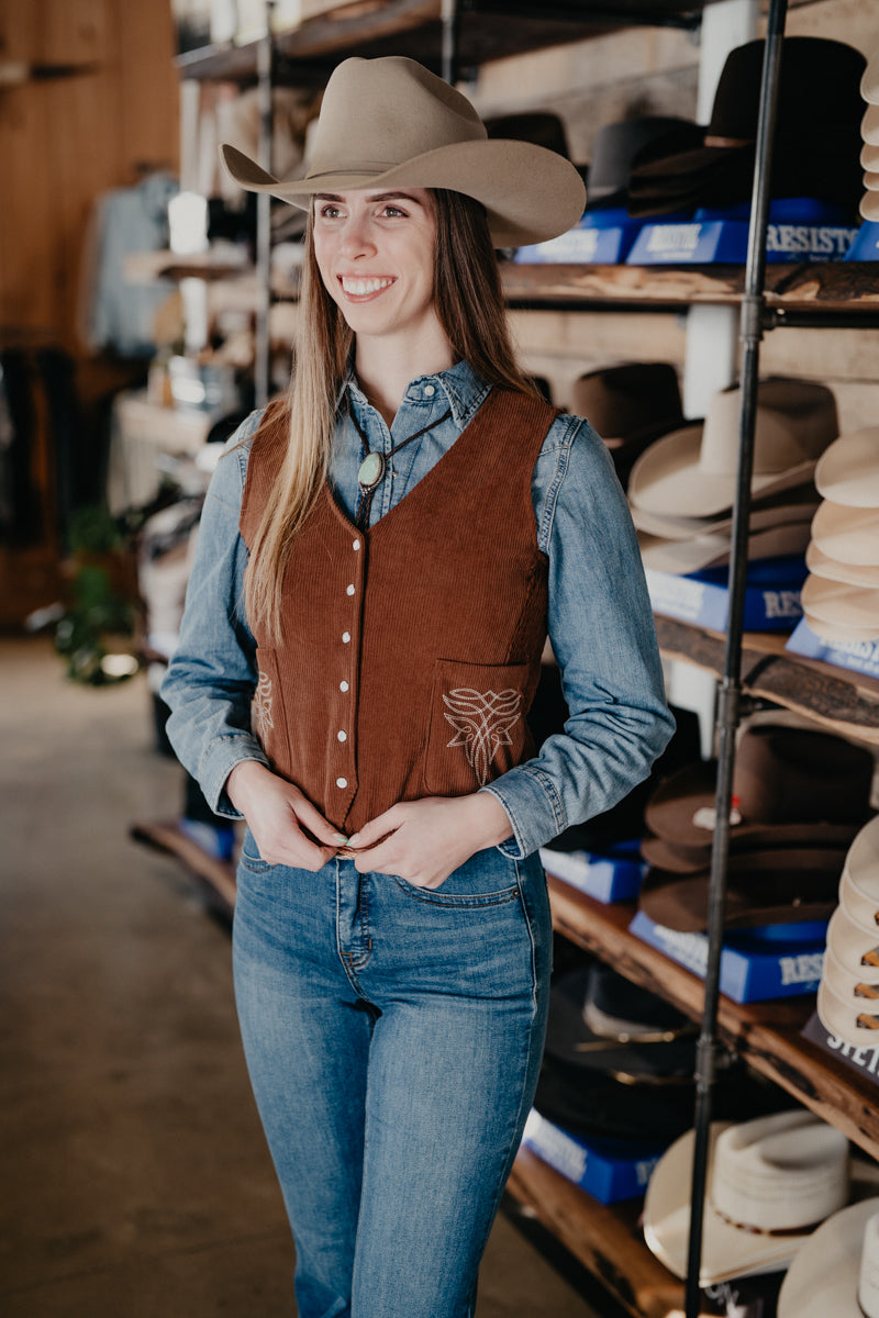 'Maren' Brown Cord Pearl Snap Vest with Bootstitch Detail (S-XL)