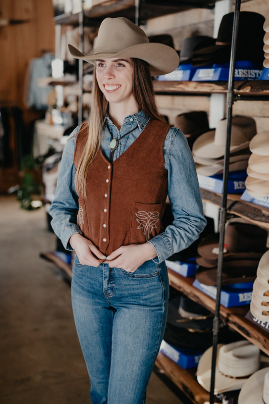 'Maren' Brown Cord Pearl Snap Vest with Bootstitch Detail (S-XL)