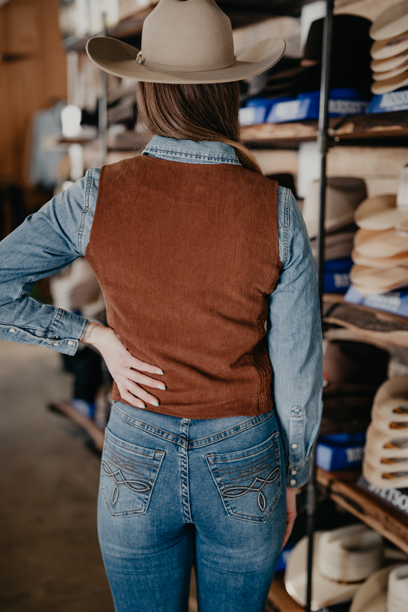 'Maren' Brown Cord Pearl Snap Vest with Bootstitch Detail (S-XL)