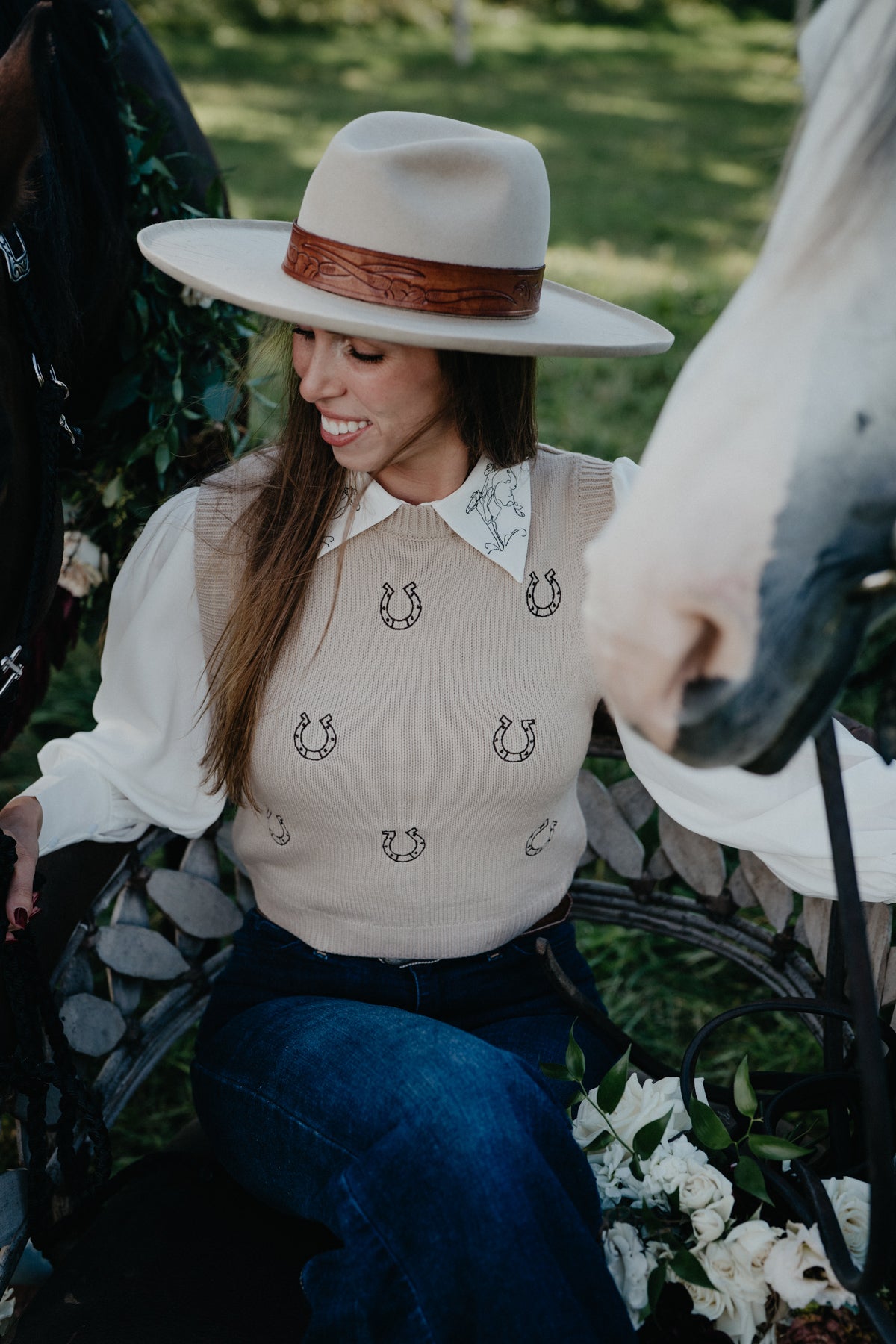 'Horseshoe Darling' Tan Embroidered Horseshoe Sweater Vest by Panhandle Slim