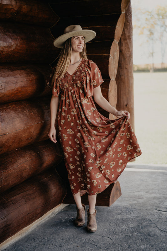 'Martine' Vintage Floral Printed V-Neck Dress (S-L)