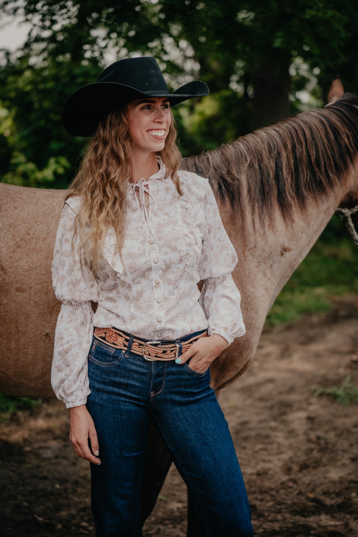 'Lainee' Ivory/Tan Floral Puff Sleeve Blouse by Wrangler