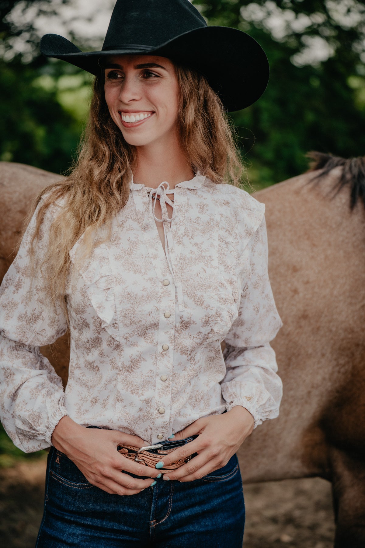 'Lainee' Ivory/Tan Floral Puff Sleeve Blouse by Wrangler
