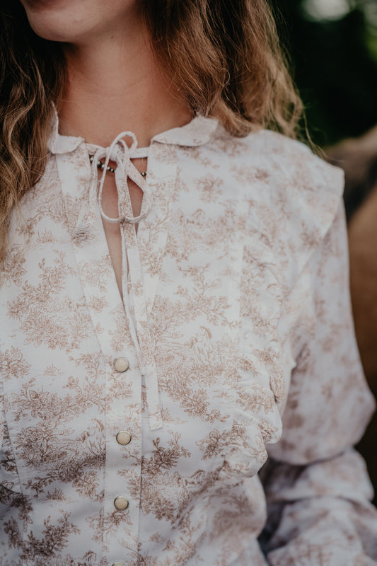 'Lainee' Ivory/Tan Floral Puff Sleeve Blouse by Wrangler