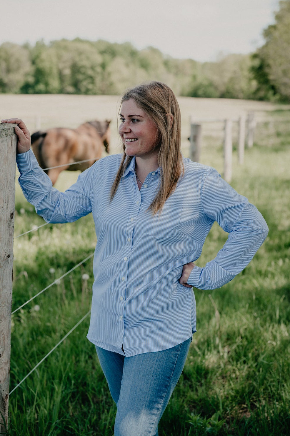 'Genevieve' Light Blue Pin Stripe Women's Pro Kirby Shirt by Ariat (XS-XL)