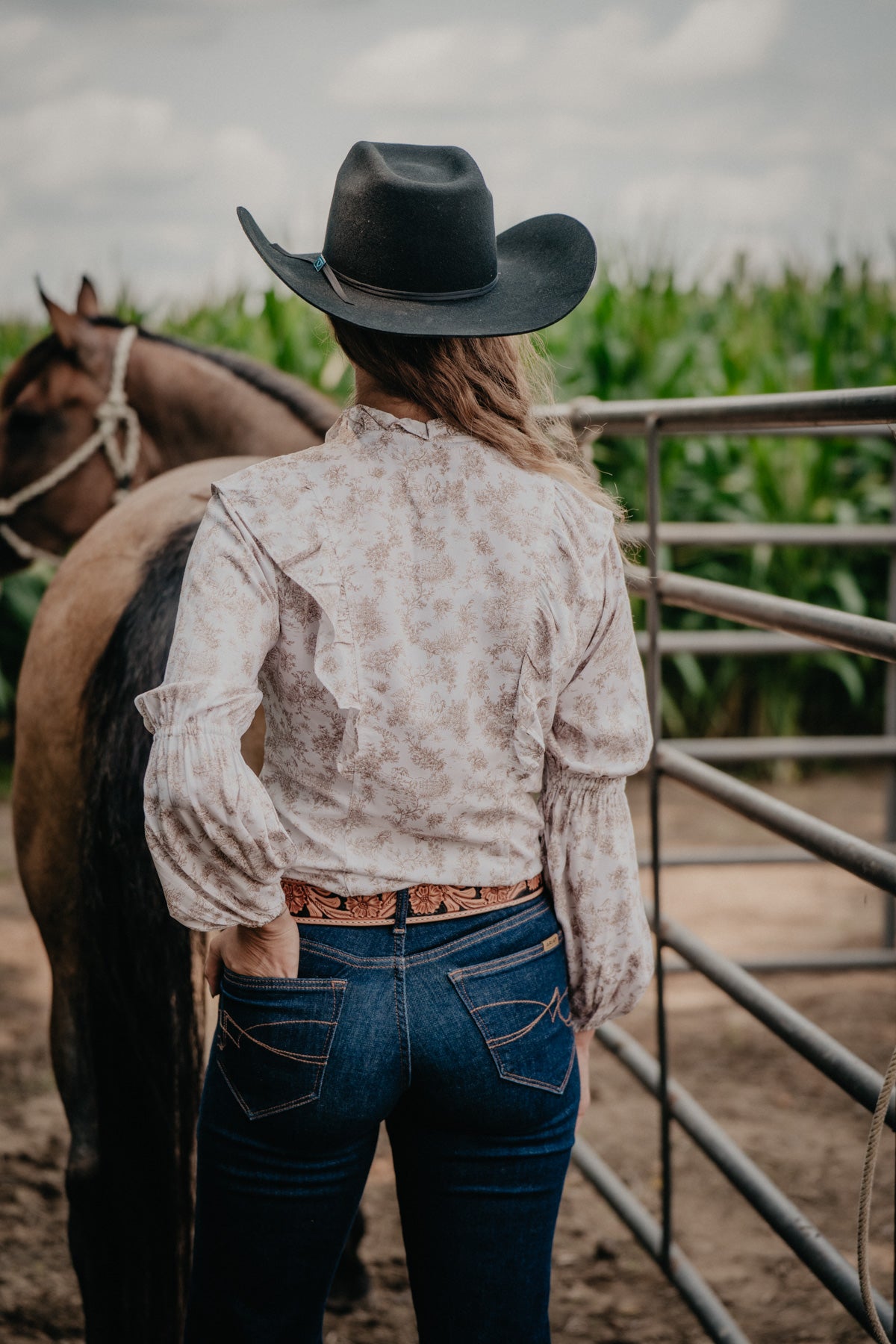 'Lainee' Ivory/Tan Floral Puff Sleeve Blouse by Wrangler