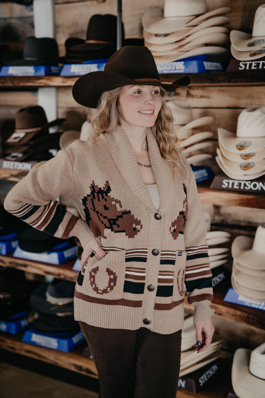 'Winnie' Women's Wrangler Tan Horse Cardigan (S & M Only)
