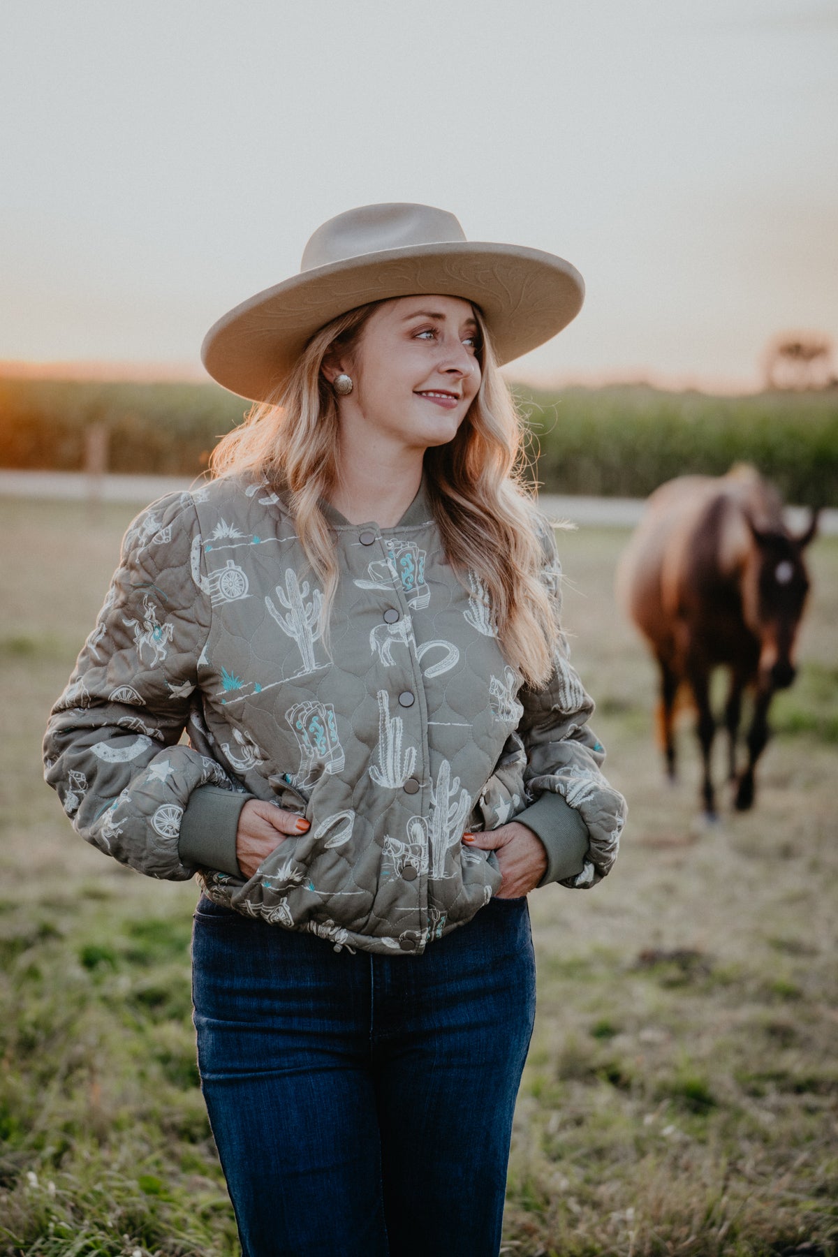 'Jessie' Western Printed Olive Bomber Jacket (S-L)