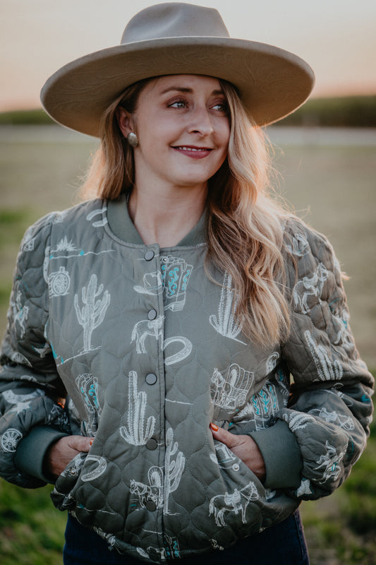 'Jessie' Western Printed Olive Bomber Jacket (S-L)