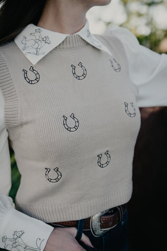 'Horseshoe Darling' Tan Embroidered Horseshoe Sweater Vest by Panhandle Slim
