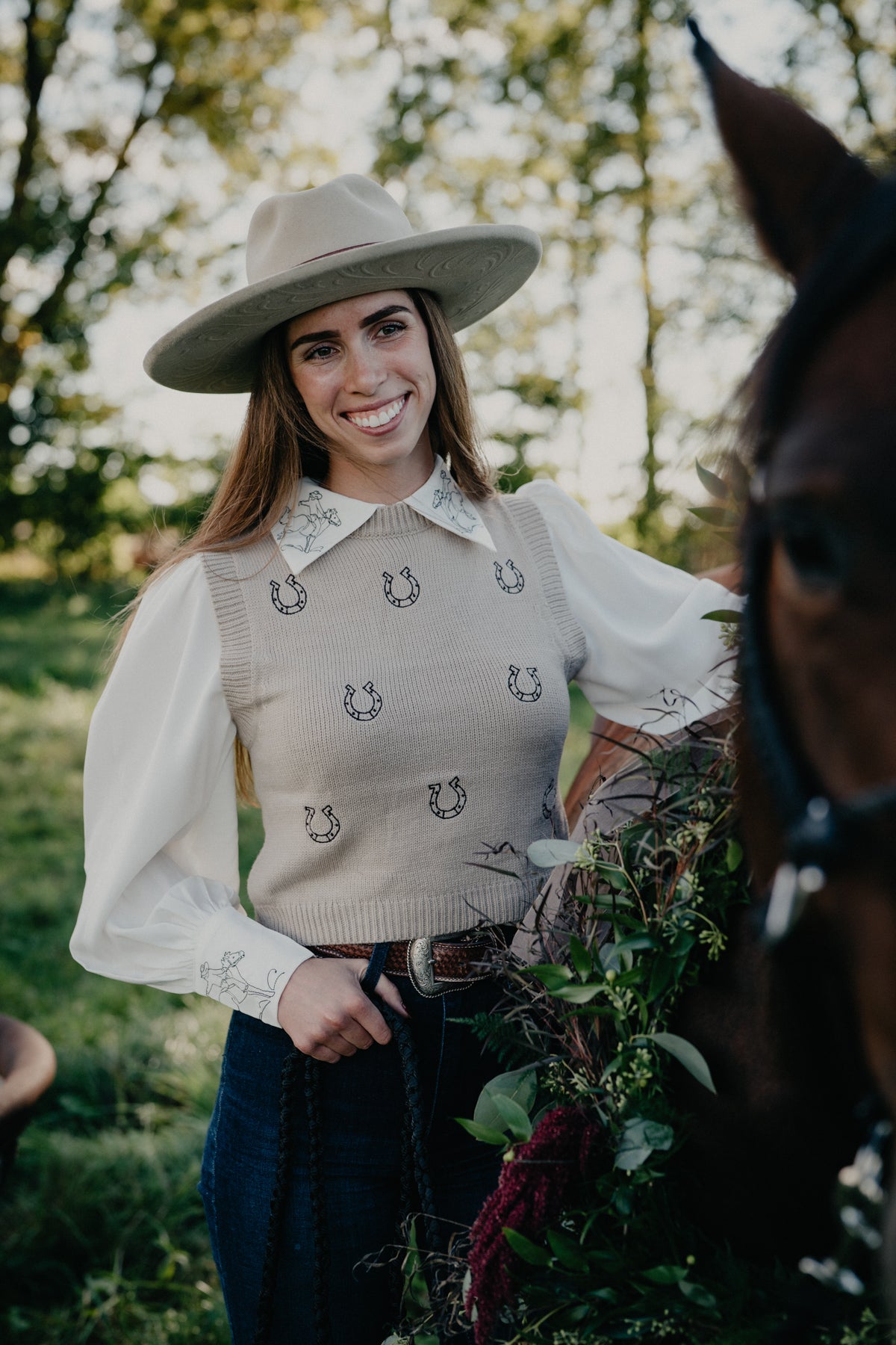 'Horseshoe Darling' Tan Embroidered Horseshoe Sweater Vest by Panhandle Slim