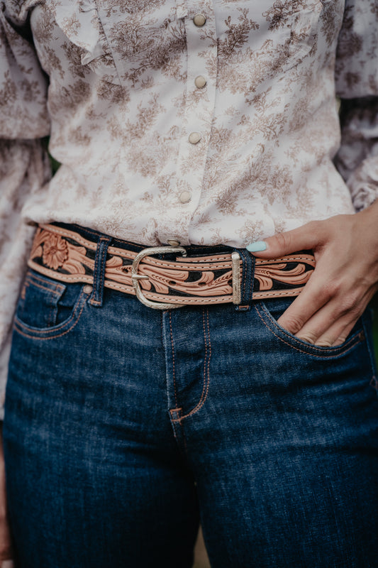 Tapered Black and Tan Floral Tooled Belt by Double J