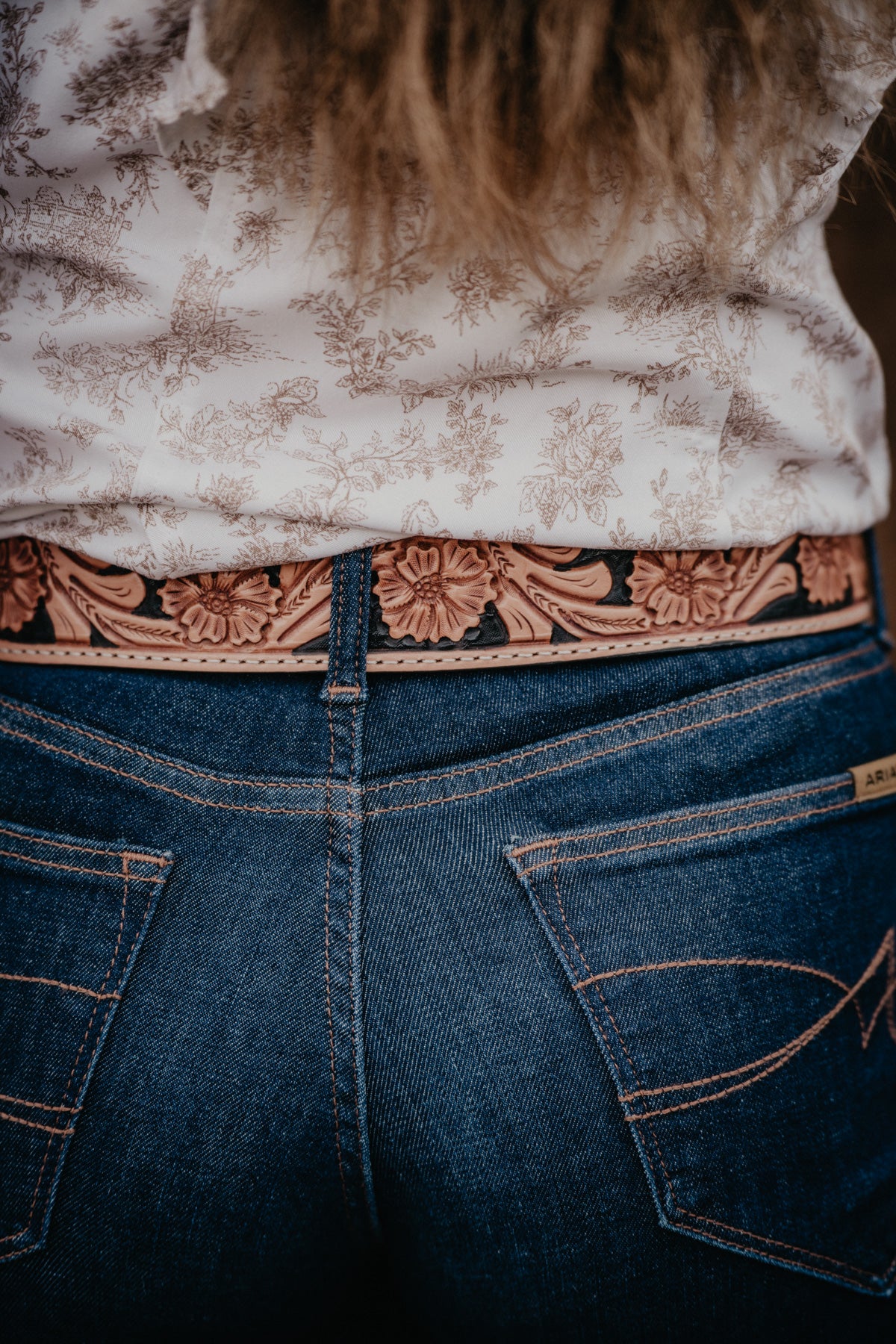 Tapered Black and Tan Floral Tooled Belt by Double J
