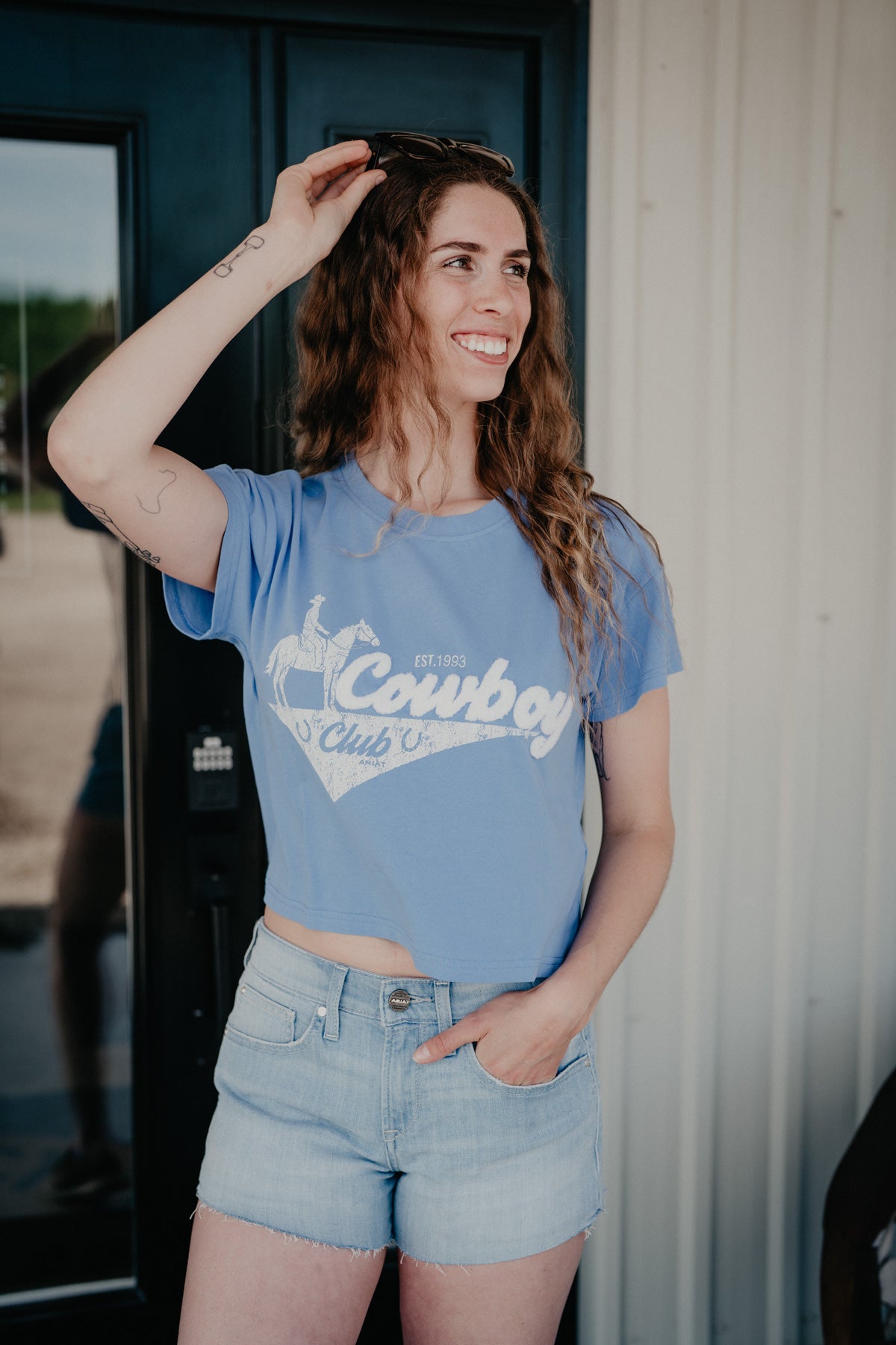 'Cowboy Club' Women's Indigo Blue Ariat Boxy Cropped T-Shirt (XS - XXL)