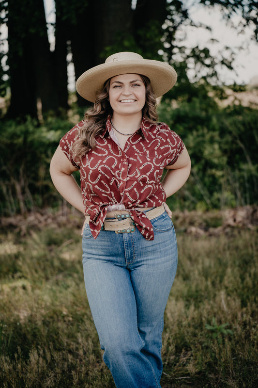 'Wyatt' Rust Horseshoe Short Sleeve Collared Shirt (L Only)