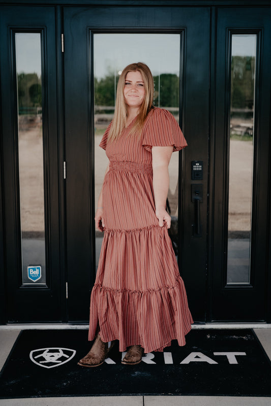 'Terra Rose' V-Neck Clay Stripe Maxi Dress (S-XXL)