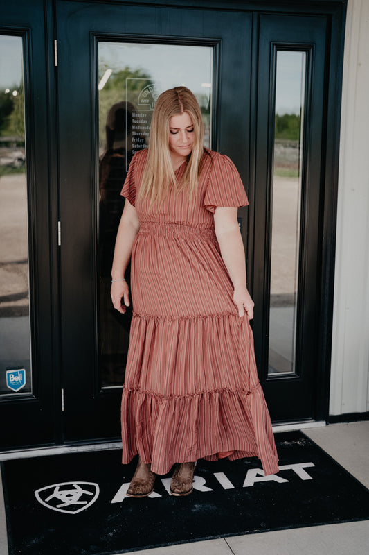 'Terra Rose' V-Neck Clay Stripe Maxi Dress (S-XXL)