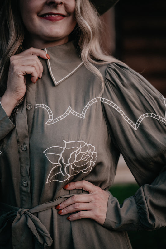 'Jovie' Long Puff Sleeve Embroidered Dress (S-L)