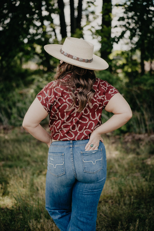 'Wyatt' Rust Horseshoe Short Sleeve Collared Shirt (L Only)
